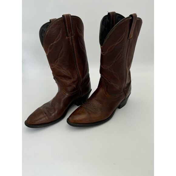 Vulcan Vintage Embroidered Accent Leather Pointed Toe Cowboy Western Boots Brown - Picture 2 of 7